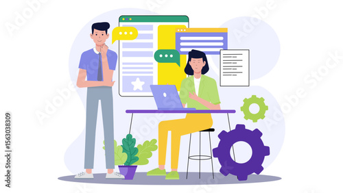 Two colleagues collaborating on a project using a laptop, suitable for teamwork, business, collaboration, technology, office, workplace, and professional themes.