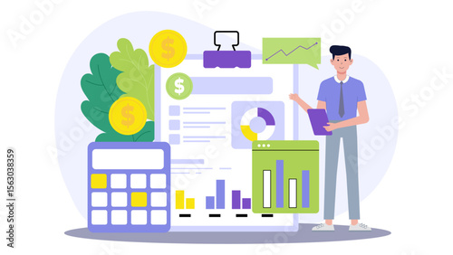 Businessman presenting financial data charts and graphs, ideal for finance, business presentations, reports, articles, websites, and marketing materials.