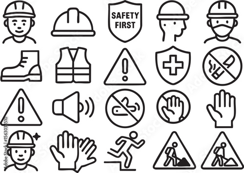 Safety icons set, including construction worker, helmet, safety vest, warning signs, and hand signals, ideal for construction sites, industrial settings, and safety manuals