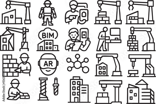 Collection of line icons depicting various stages of construction, engineering, and building processes, including workers, tools, and machinery, suitable for industrial