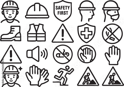 Collection of line icons related to construction safety regulations and personal protective equipment, ideal for websites, apps, and presentations on occupational safety.