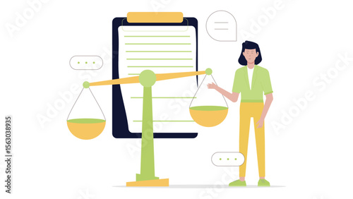 Illustration of a woman near a scale and a clipboard, symbolizing balanced judgment. Suitable for justice, law, equality concepts.