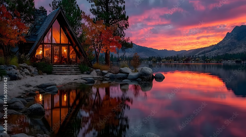Obraz premium Cozy A-Frame Cabin by the Lake at Sunset