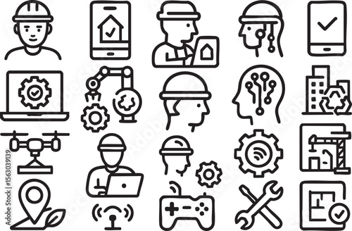 Collection of line icons depicting construction, technology, engineering, and smart home automation, ideal for websites, apps, and presentations related to building and innovation.