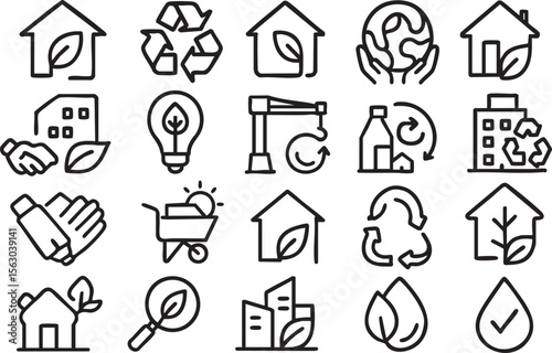 Collection of line icons representing eco-friendly construction, recycling, and sustainable building practices, ideal for websites and applications promoting green initiatives.