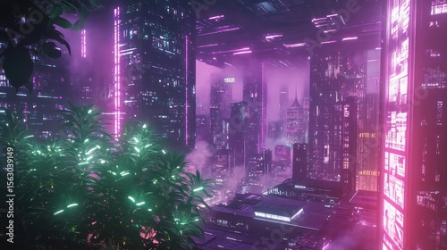 Neon-lit futuristic cityscape with lush green plants in the foreground