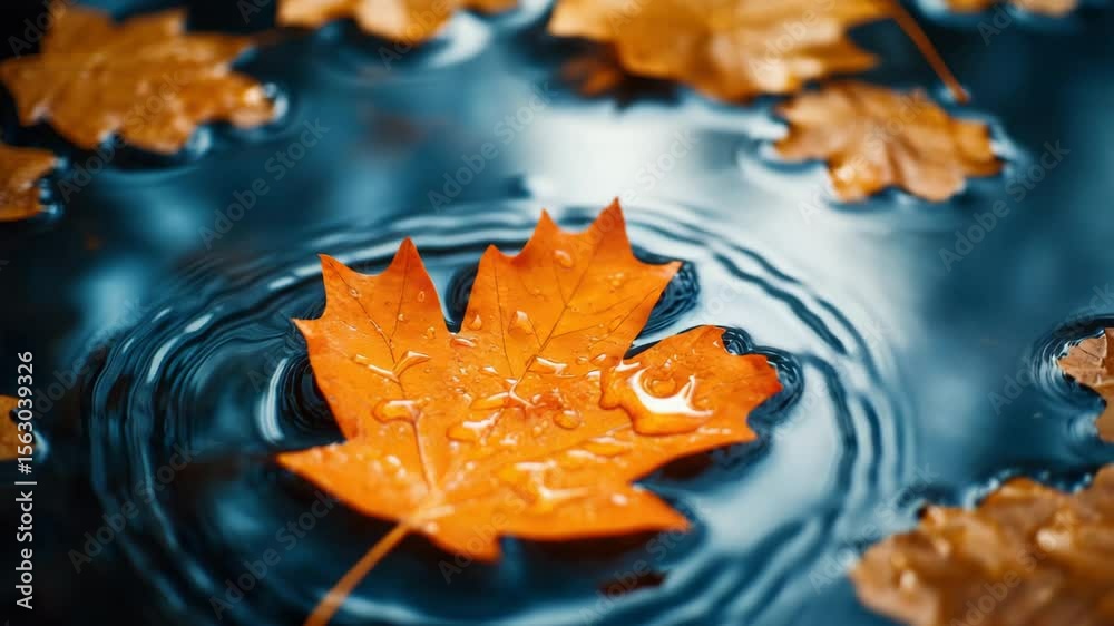 Orange leaf with water droplets and ripples on dark water surface, surrounded by autumn leaves, creating calm reflective nature scene of wet season reflection and droplet patterns