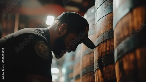 A man in a distillery carefully inspects aging barrels, concentrating on the maturation process of the beverage, which is crucial to achieving the desired flavor profile.