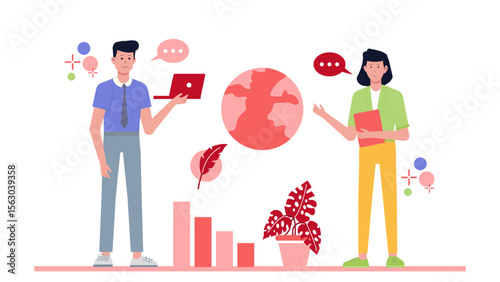 Two people discussing global business growth ideal for presentations, websites, articles, and social media related to international business or economics.