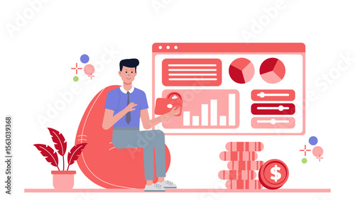 Man analyzing financial data with a locked wallet; suitable for financial management, budgeting, fraud prevention, and personal finance concepts.