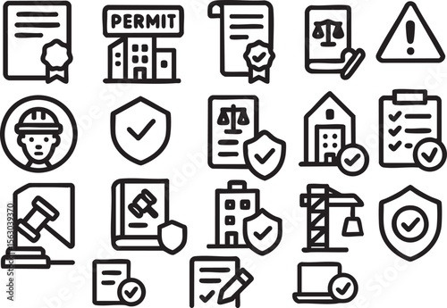 A collection of line icons related to construction, permits, legal documents, and building safety regulations, ideal for websites or apps needing a professional and consistent visual style.