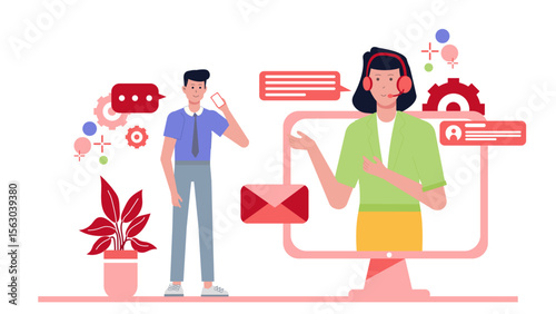 Online customer service depicts a man and woman communicating. Suitable for websites, blogs, and articles on customer support and communication.