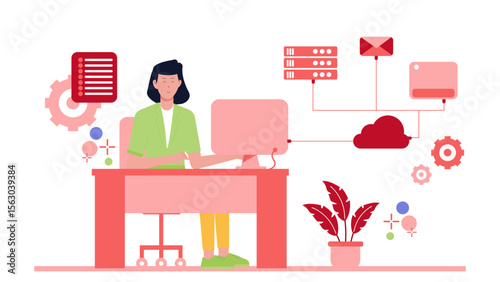 Woman working at desk using computer and cloud storage. HR specialist managing payroll via cloud system