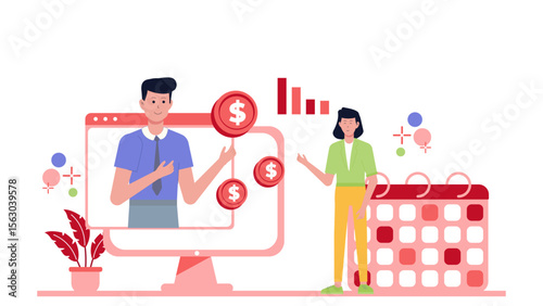 Online financial planning with a calendar and dollar coins. Suitable for finance related websites, blogs, or social media posts. Budget management concepts.