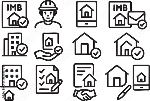 Collection of line icons related to construction, real estate, and home building, perfect for websites, apps, and presentations needing a modern and clean aesthetic.