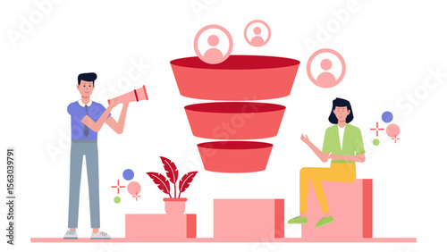 Sales funnel concept showing two people in a modern office environment, suitable for marketing and business presentations.