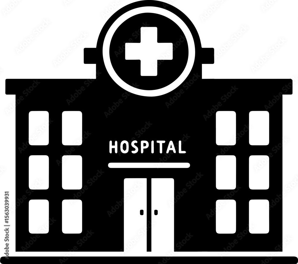 Obraz premium Hospital Building Icon with Medical Cross Symbol