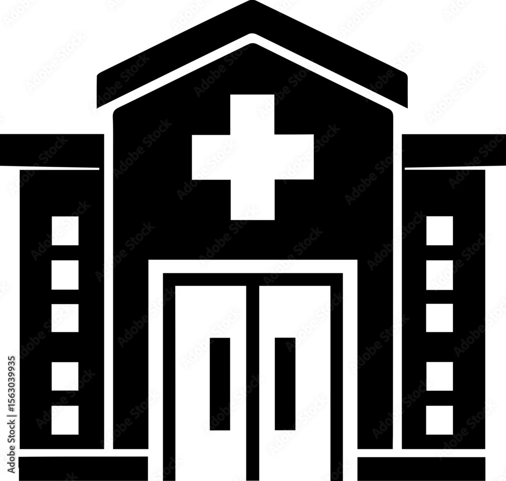 Obraz premium Hospital Building Icon with Medical Cross Symbol