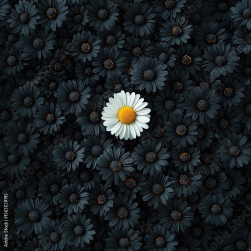 A single, bright white daisy with a yellow center stands out amongst a sea of dark grey daisies