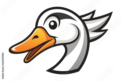 Cartoonish goose head with orange beak exhibits its white and grey plumage clearly