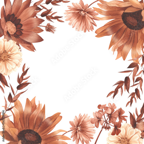 Flower frame from autumn bouquet in terracotta color watercolor illustration. Flower border from garden flowers sunflower, geranium, eucalyptus, gazania. Template for wedding invitation, autumn card