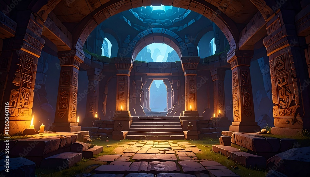 Obraz premium Ancient Temple Pathway: A Digital Painting of a Mystical Stone Structure