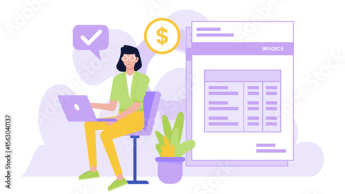 Woman analyzing invoice on laptop for financial purposes, perfect for finance blogs, accounting websites, business presentations, and eLearning materials.