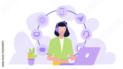 Female customer service agent working with laptop and communication tools. Suitable for website, blog, and social media content related to customer service.