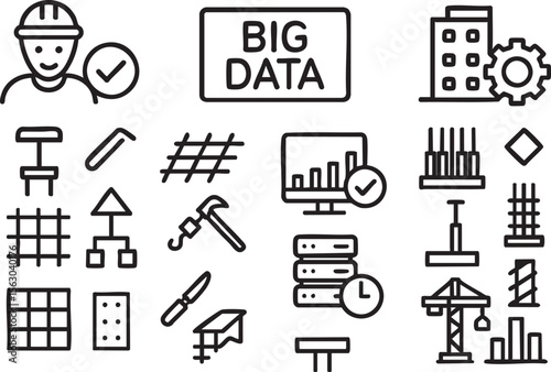 Collection of line icons related to construction, engineering, big data, and building projects, ideal for websites and applications needing a modern and clean aesthetic.