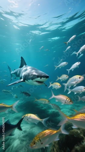 Wallpaper Mural A great white shark swims gracefully among a school of fish in clear, sunlit ocean waters. Torontodigital.ca
