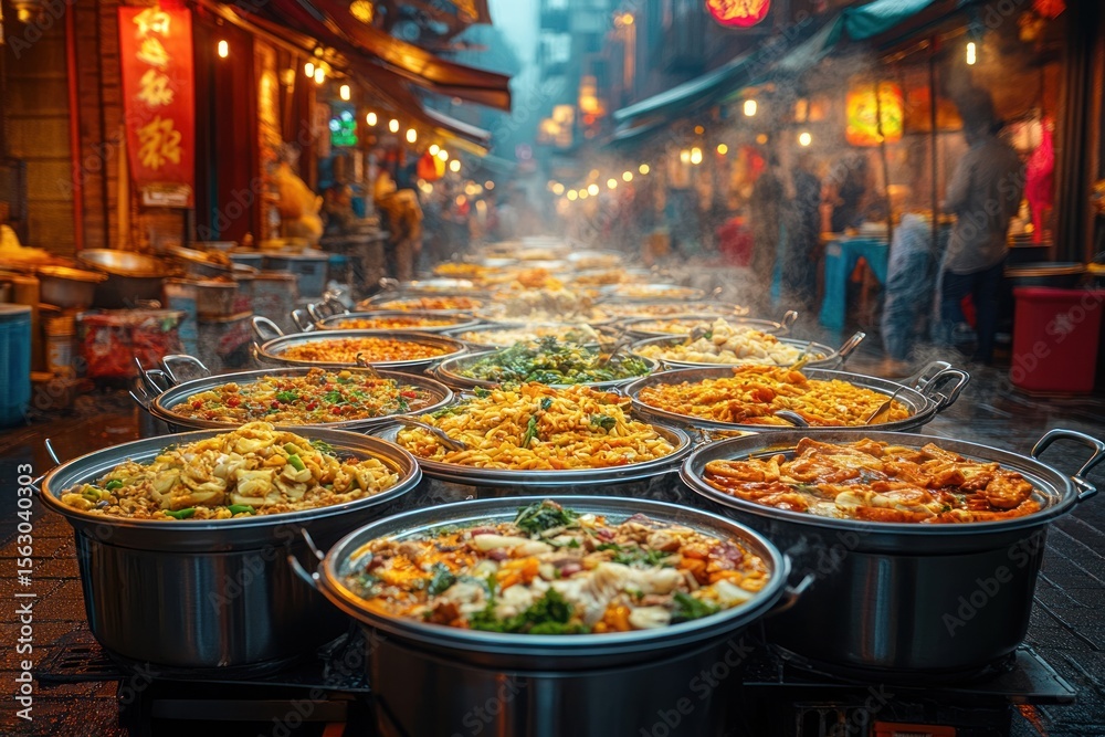 Fototapeta premium Fine Dining Experience Amidst Bustling Street Food Vendors