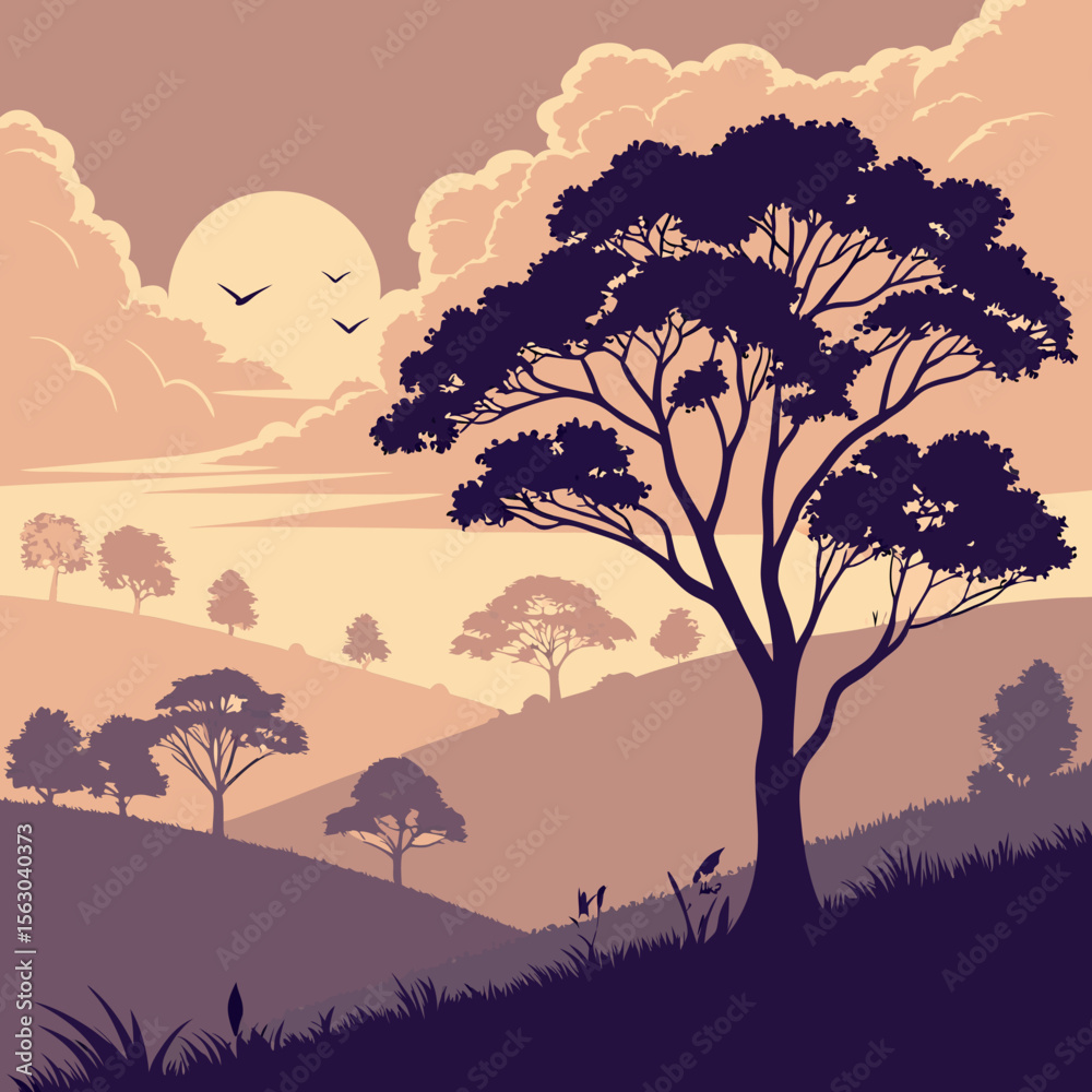 Naklejka premium Scenic Sunset Landscape with Silhouetted Trees Vector Illustration