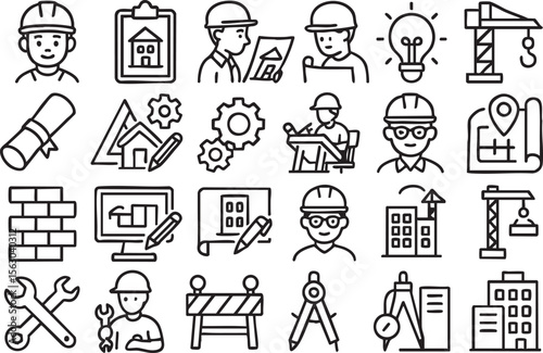 Collection of line icons related to construction, engineering, and architecture, ideal for websites, apps, and presentations, featuring various tools, buildings, and professionals.