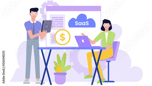 Two coworkers collaborating on a SaaS project, strategizing and earning money together. Suitable for business, teamwork, technology concepts.