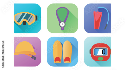 Illustration of six diving equipment icons including goggles, watch, buoy, hat, fins and dive computer