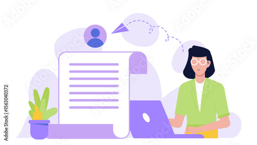 Woman working on a laptop near a document. Freelancer sending work proposal to new client