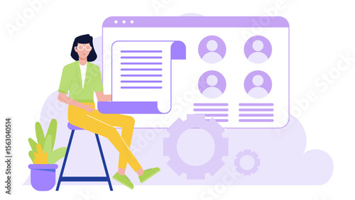 Woman analyzing profiles and gears on a document for business strategy presentation. Suitable for technology and business concept designs.