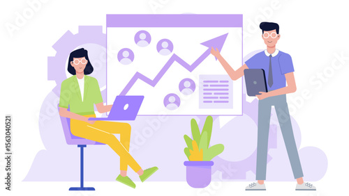 Two coworkers analyzing and discussing a business graph, suitable for illustrating teamwork, progress, collaboration, and business growth concepts.
