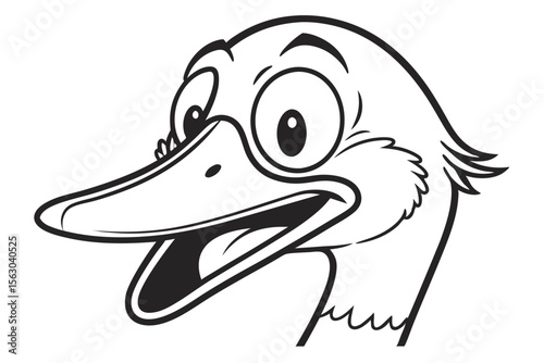 A cartoon goose head with a big beak has a happy, surprised expression