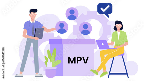 Two people collaborating on a minimal viable product project. Ideal for tech or startup concept designs. Startup teamwork concept.