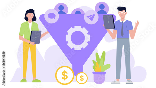Sales funnel graphic featuring two people and coins, ideal for illustrating the concept of lead generation and conversion in marketing materials.