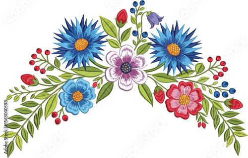 Floral embroidery design pattern with colorful flowers and leaves vector art