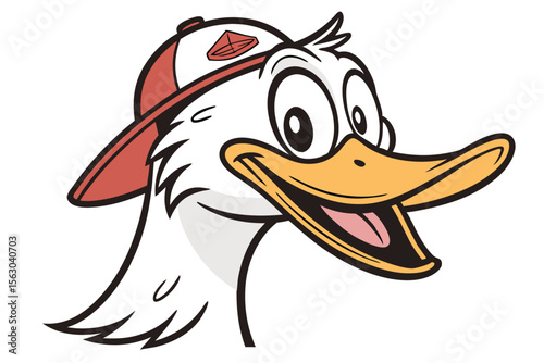 Cheerful duck cartoon head wearing a baseball cap is smiling broadly at the viewer