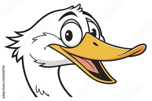 Cartoonish white duck with a yellow beak stares slightly upward while smiling broadly