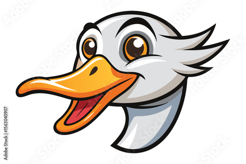 Cheerful cartoon goose head shows an open beak and funny expression