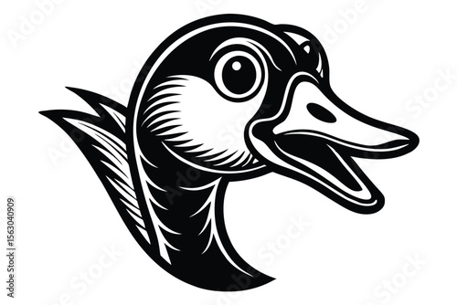 Bold black and white shows the head of a fierce open mouthed goose