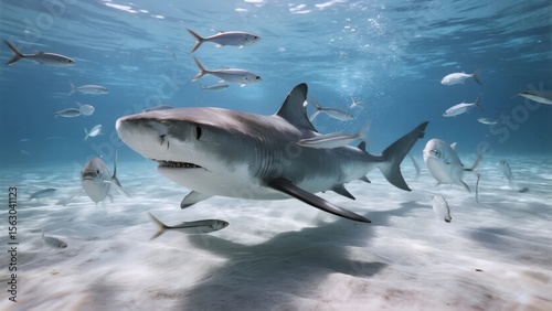 A great white shark swims gracefully underwater surrounded by smaller fish in a clear ocean environment.