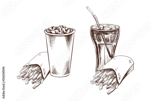 Hand drawn vintage monochrome sketch of fizzy drinks and French fries in paper pack, vector illustration