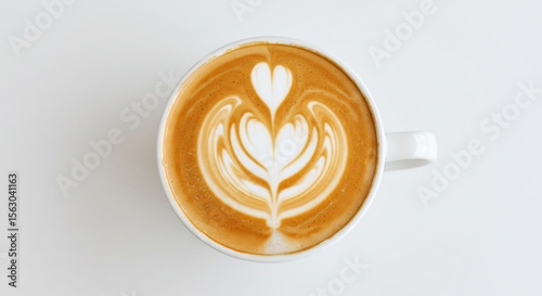 温かいカフェラテ 美しいラテアート 優しい光で輝く. AI Generated