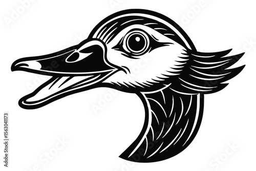 Aggressive monochrome goose head displays open beak and sharp gaze strikingly